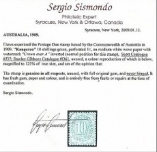 Сертификат доплатной почтовой марки Австралии 1909 года