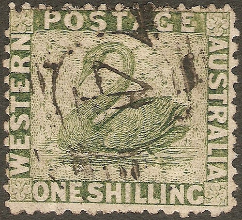 почтовая марка Западной Австралии 1861 г. "Зеленый лебедь"