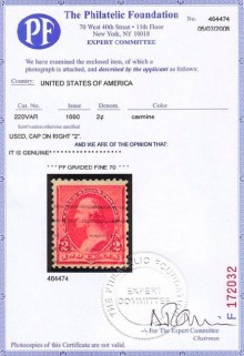 Сертификат почтовой марки США 1890 года с браком