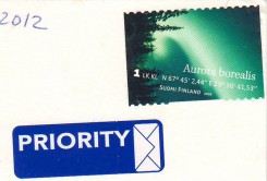 Почтовая  марка Финляндии "Северное сияние" на открытке