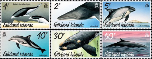 Почтовые марки Фолклендских островов с дельфинами и китами